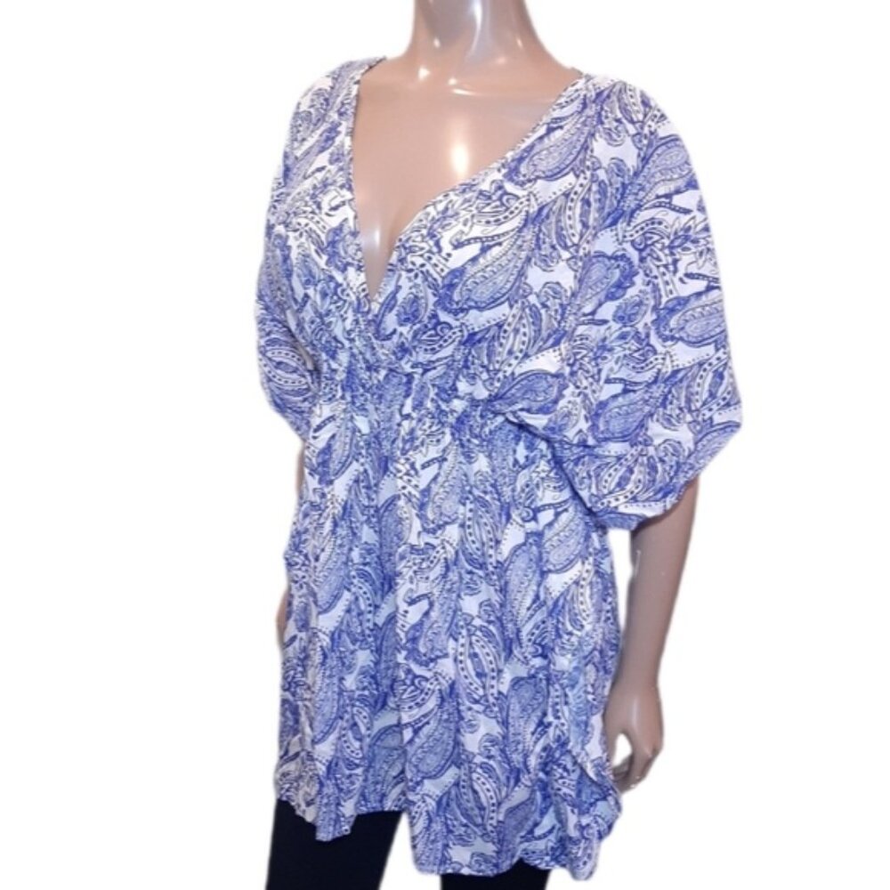 PAPAYA HOLIDAY Paisley Swim Cover Up Kaftan Vneck Smocked Cut Out Top Dress